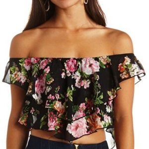 Floral Print Chiffon Off The Shoulder Crop Top